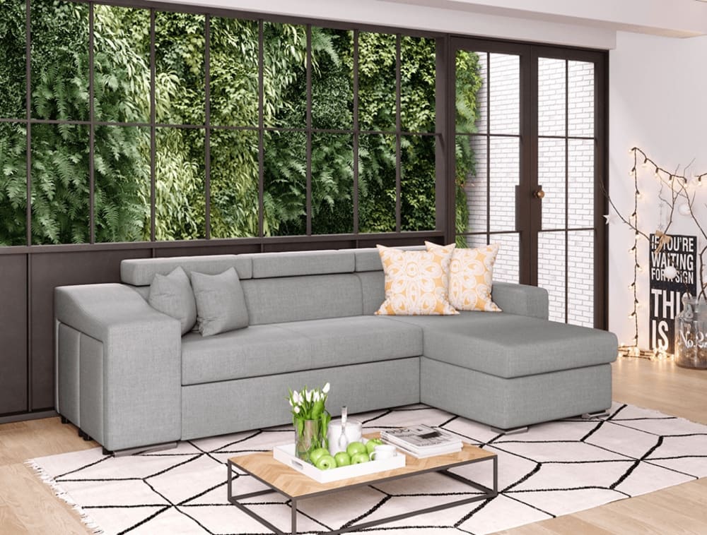 Canapé d’angle 4 places en tissu gris avec rangement gauche