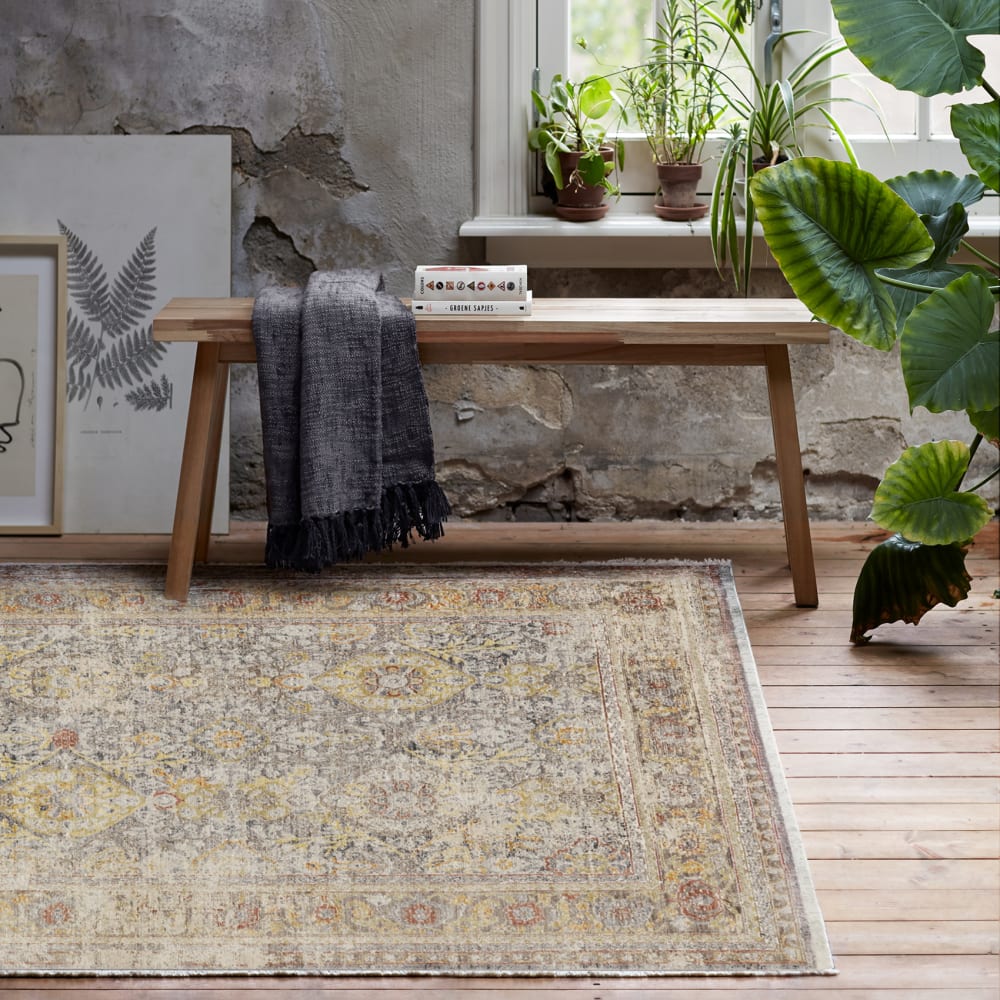 Tapis vintage bohème à poils ras et franges gris jaune 190x130 — vue 3