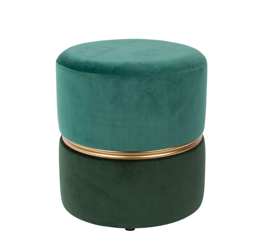 Tabouret pouf en velours vert avec cerclage doré Tabouret pouf en velours vert avec cerclage doré