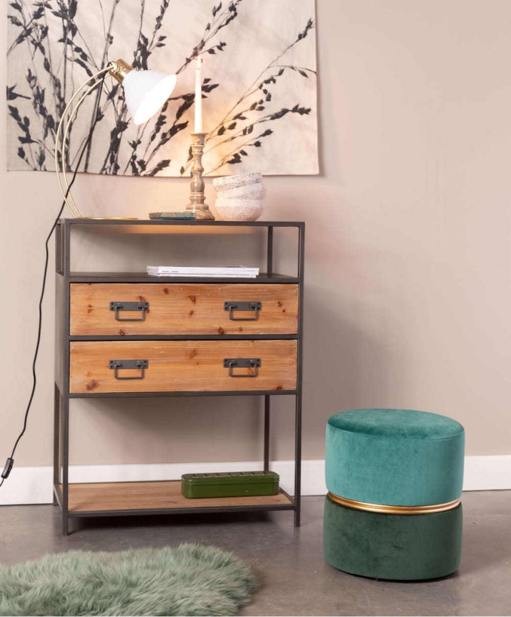 Tabouret pouf en velours vert avec cerclage doré - Maisons du Monde