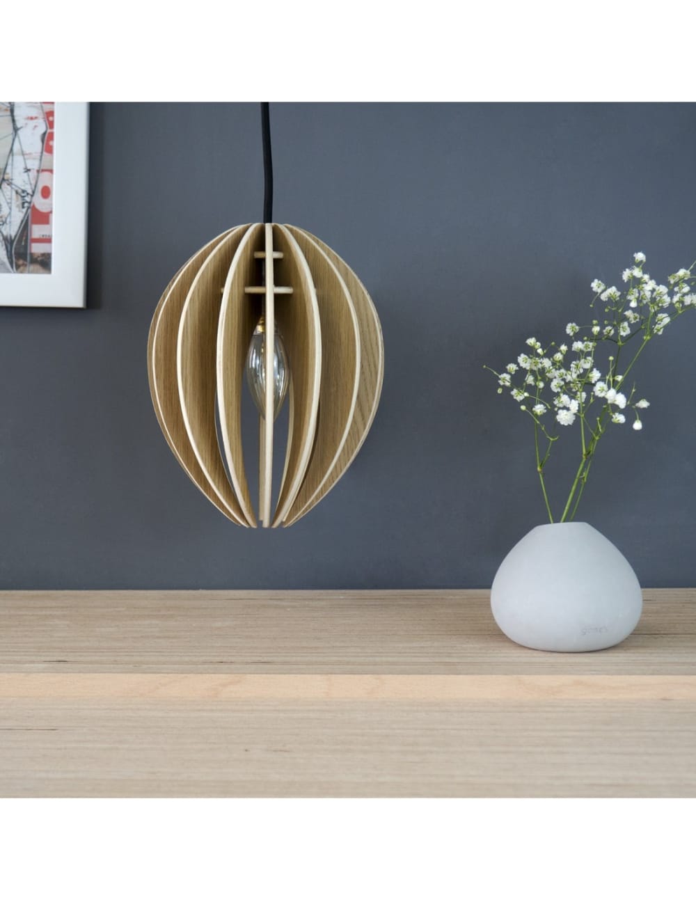 Lampe suspension bois et béton chêne naturel cordon noir — vue 3