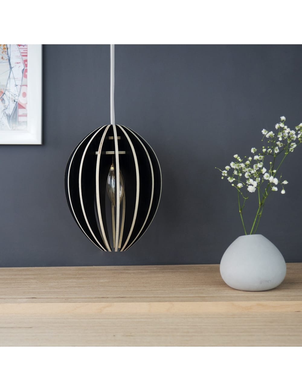 Lampe suspension bois et béton frêne teinté noir cordon blanc - Maisons du Monde