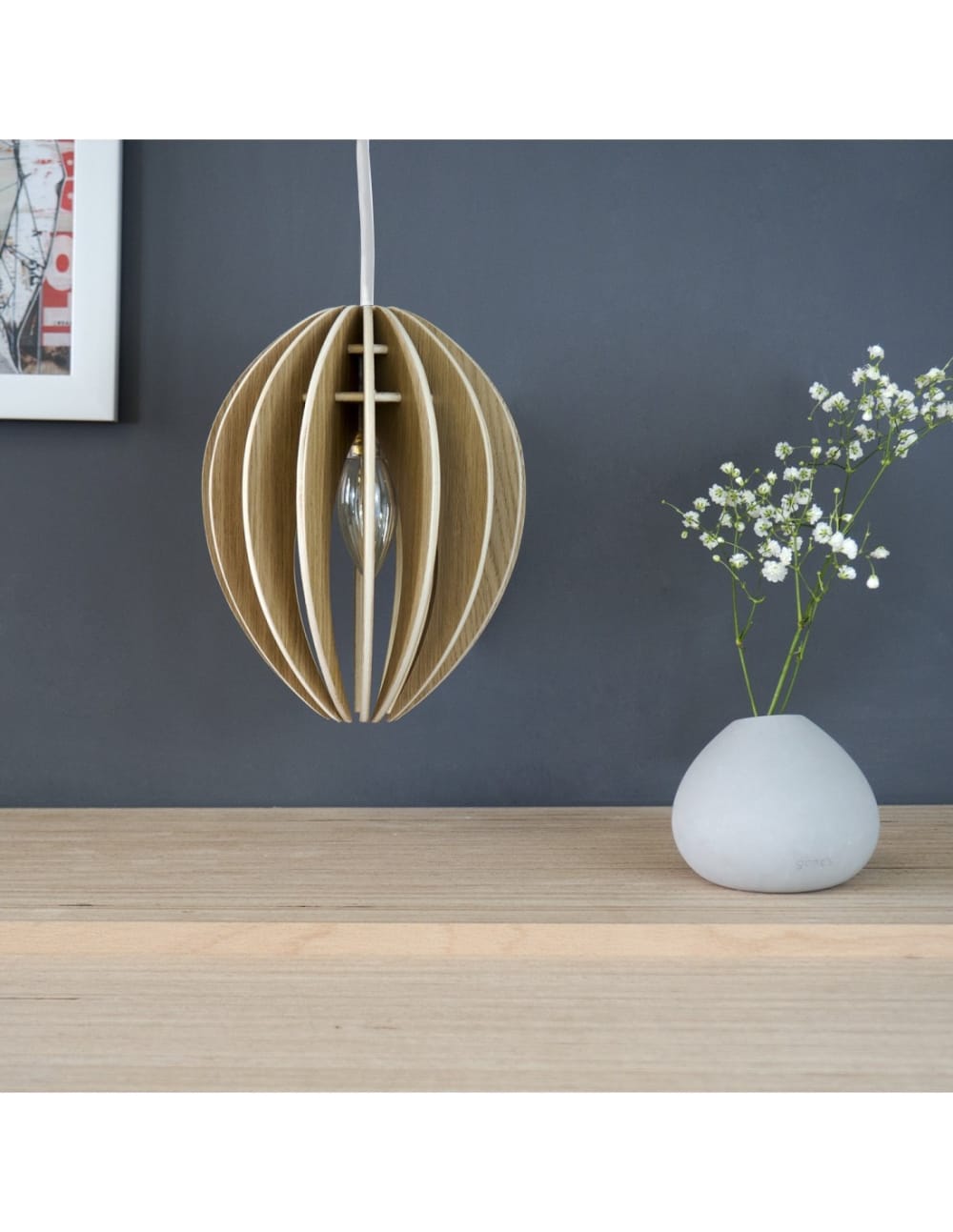 Lampe suspension bois et béton chêne naturel cordon blanc — vue 3