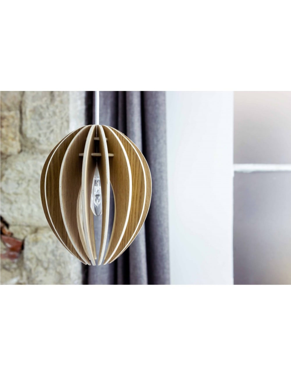 Lampe suspension bois et béton chêne naturel cordon blanc — vue 4