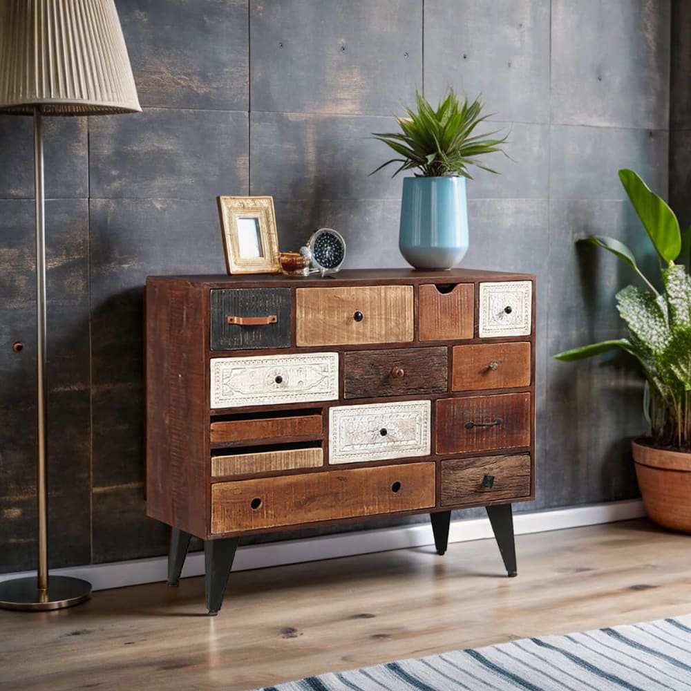 Commode 13 tiroirs exotique en bois massif et métal