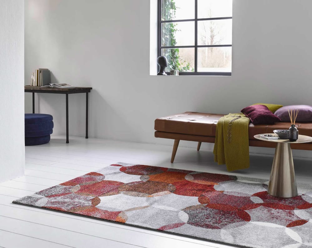 Tapis motif cercles vintage rouge/gris pour salon, chambre 225x160