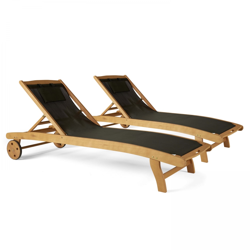Lot de 2 bain de soleil en bois et textilène noir