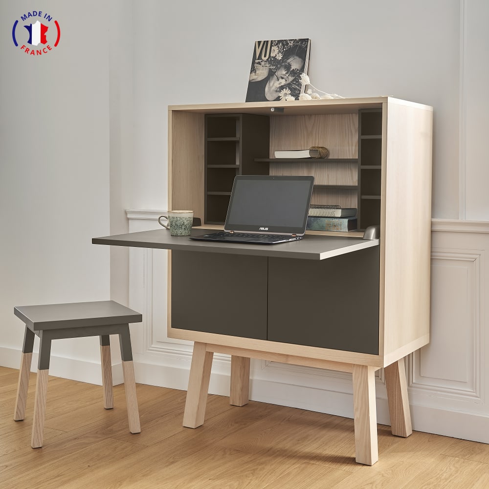 Bureau secrétaire avec rangement de 90 cm de large, en frêne