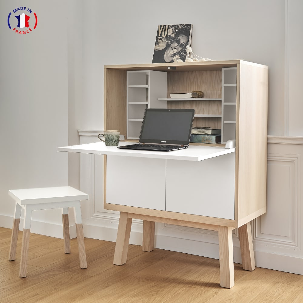 Bureau secrétaire avec rangement de 90 cm de large, en frêne