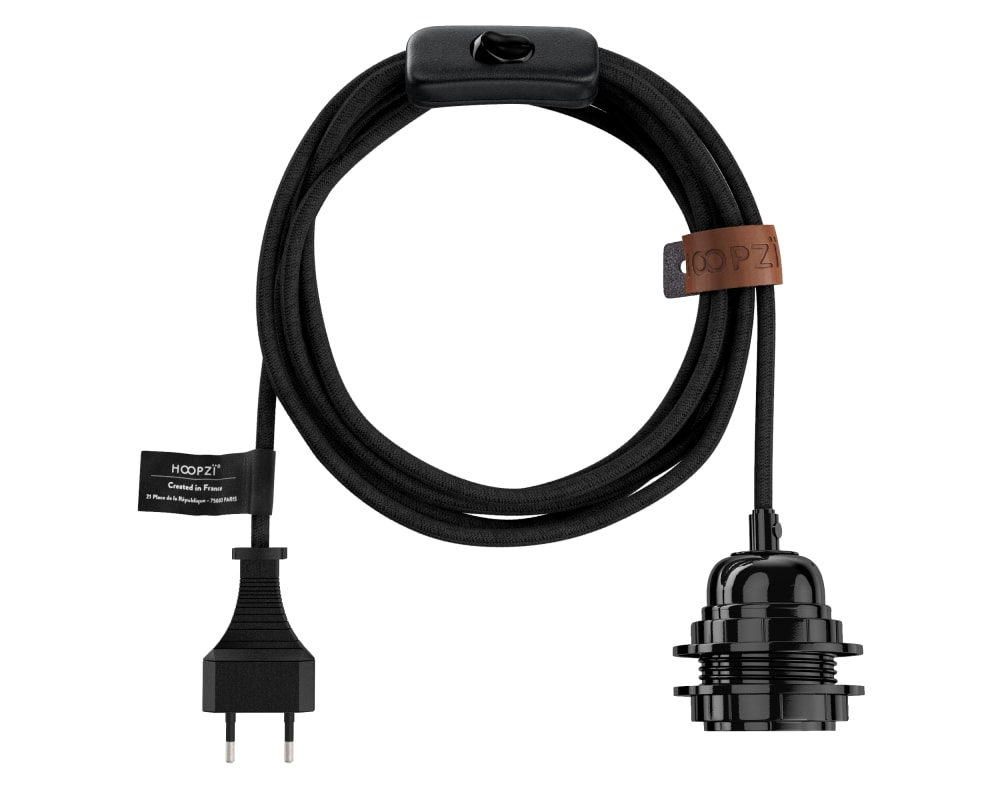 Hoopzi Lampe mit 4,5 m Baumwollkabel - schwarz glanz style classic chic Öko-Tex Zertifikat - Baumwolle