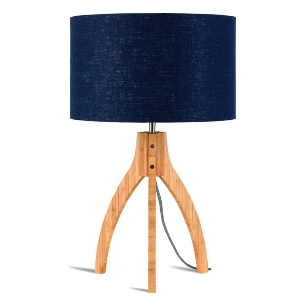Lampe tripode bambou et lin naturel bleu H54cm