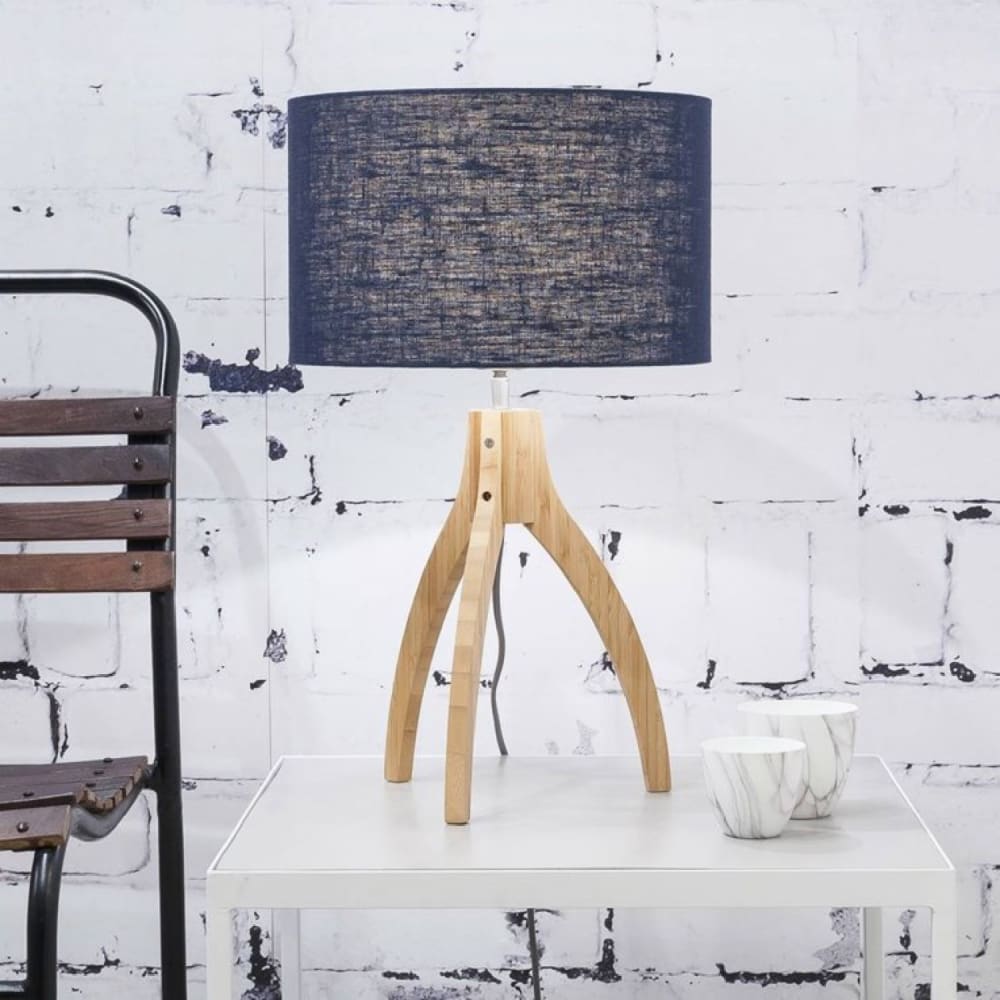 Lampe tripode bambou et lin naturel bleu H54cm — vue 3