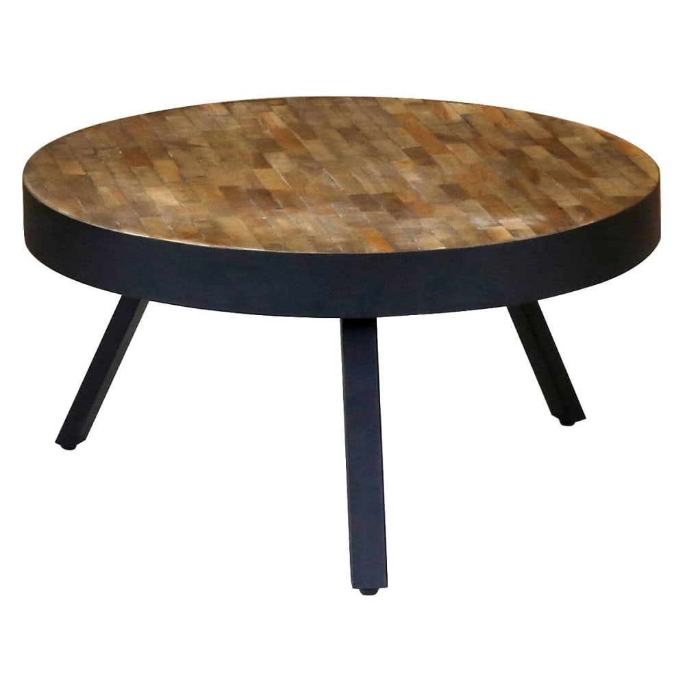 Table basse teck recyclé et métal ronde D76 cm