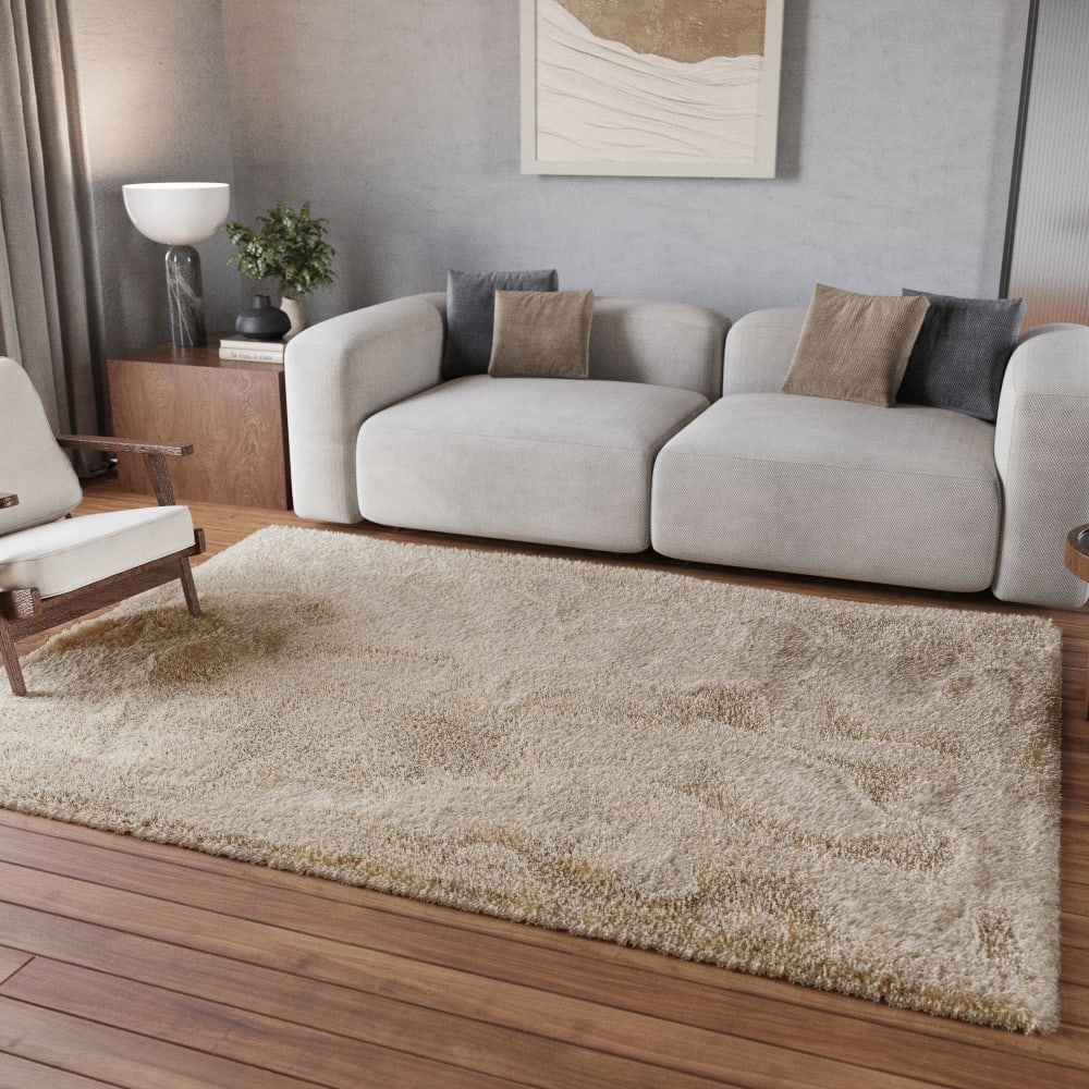 Tapis uni très doux à mèches très hautes et denses beige 225x160