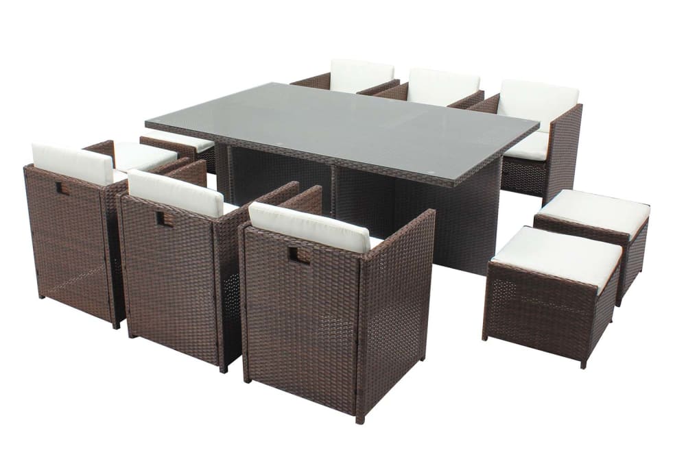 Table et chaises 10 places encastrables résine marron/blanc