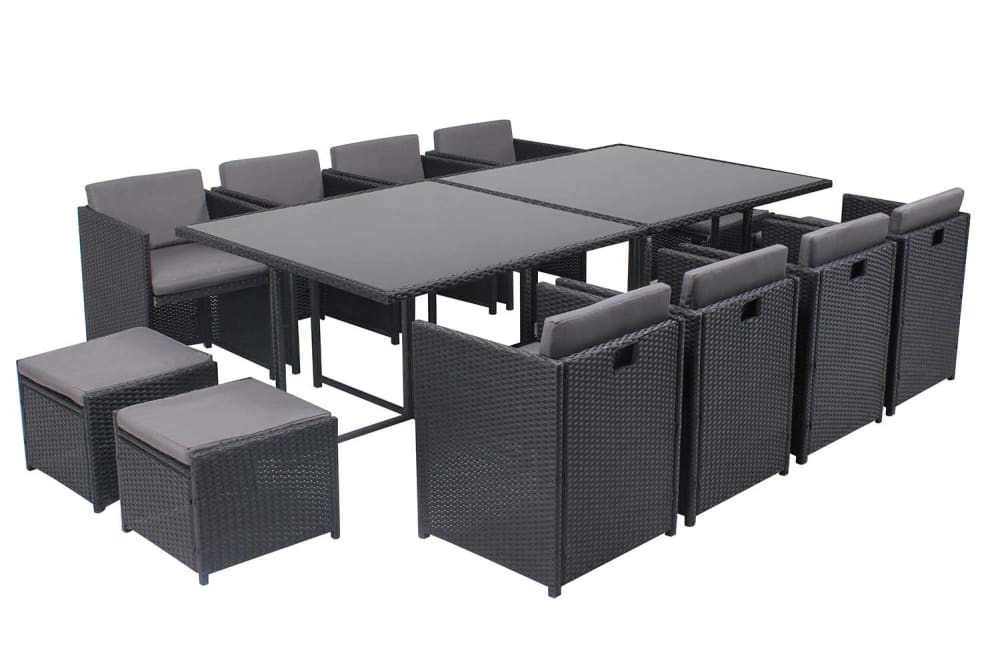 Table et chaises 12 places encastrables en résine noir/gris