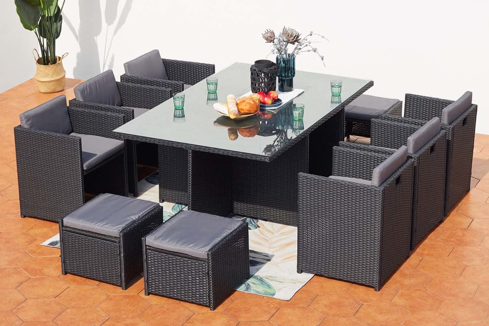 Salón de jardín encastrable 10 personas de resina trenzada negro/gris