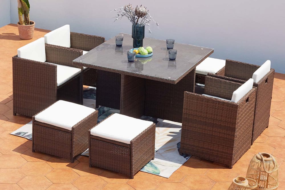 Salón de jardín encastrable 8 personas resina trenzada marrón/blanco