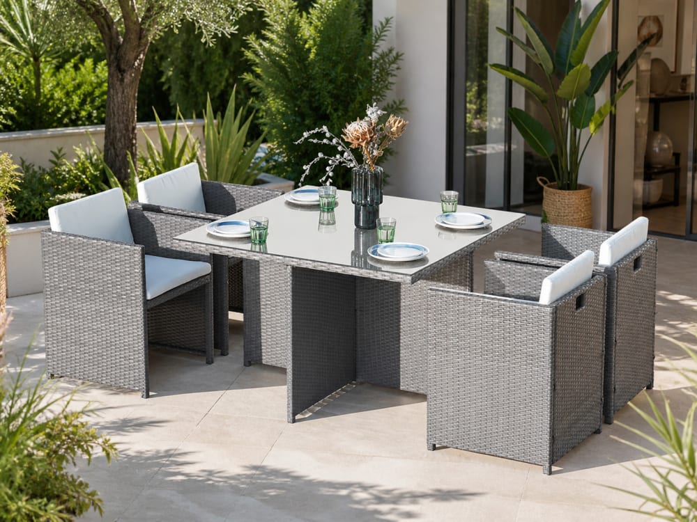 Salón de jardín encastrable 4 personas de resina trenzada gris/blanco