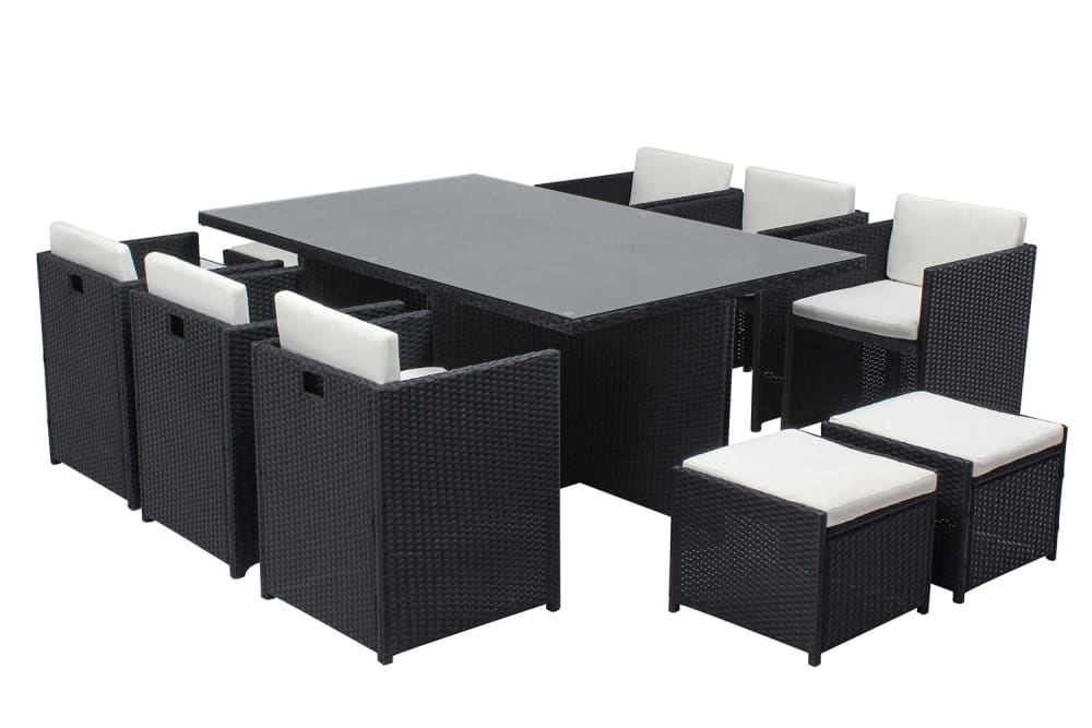 Table et chaises 10 places encastrables résine noir/blanc Table et chaises 10 places encastrables résine noir/blanc