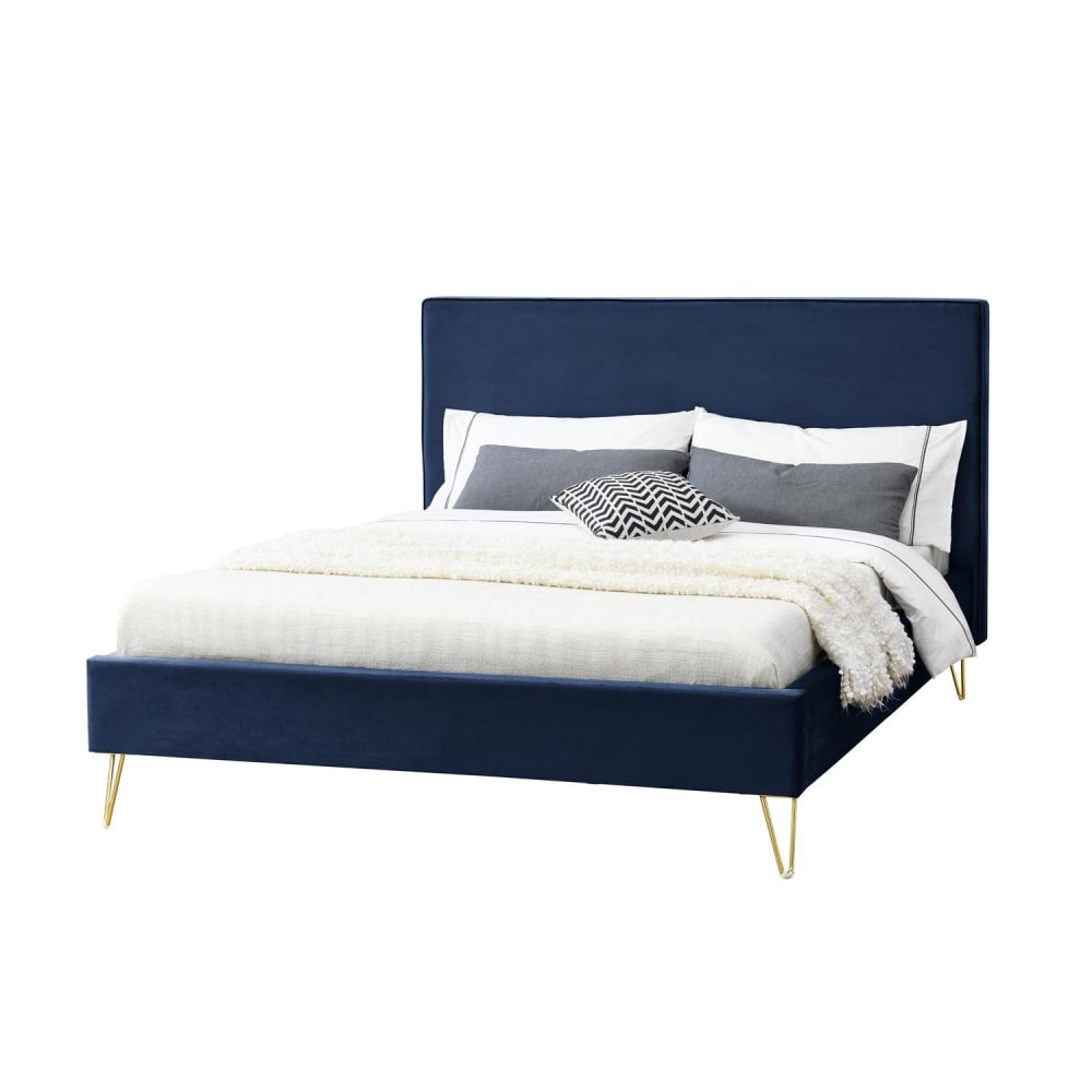 Lit 140 x 190 cm en velours et laiton bleu