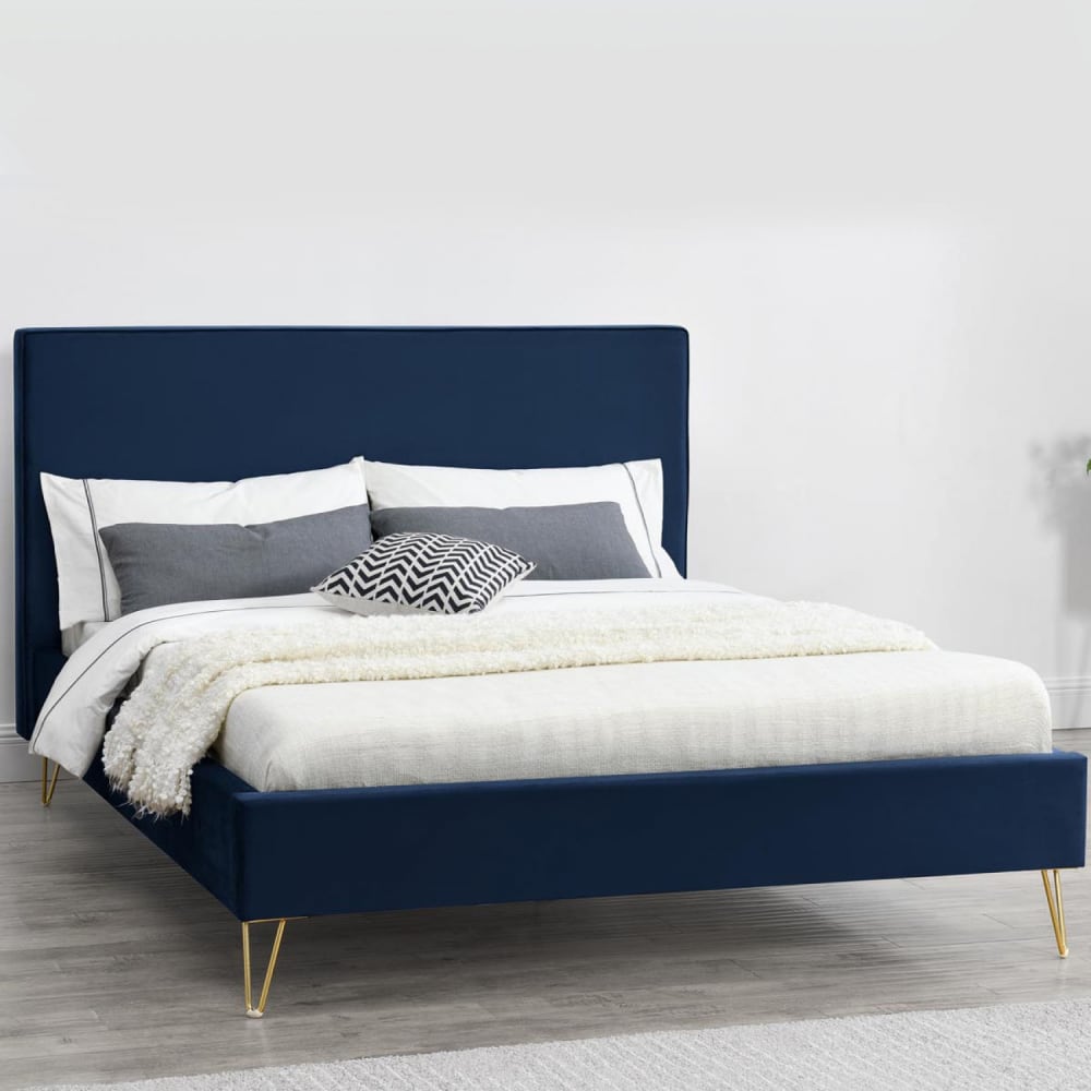 Struttura letto in velluto blu e ottone 140x190 cm - Modello Contemporaneo - Velluto