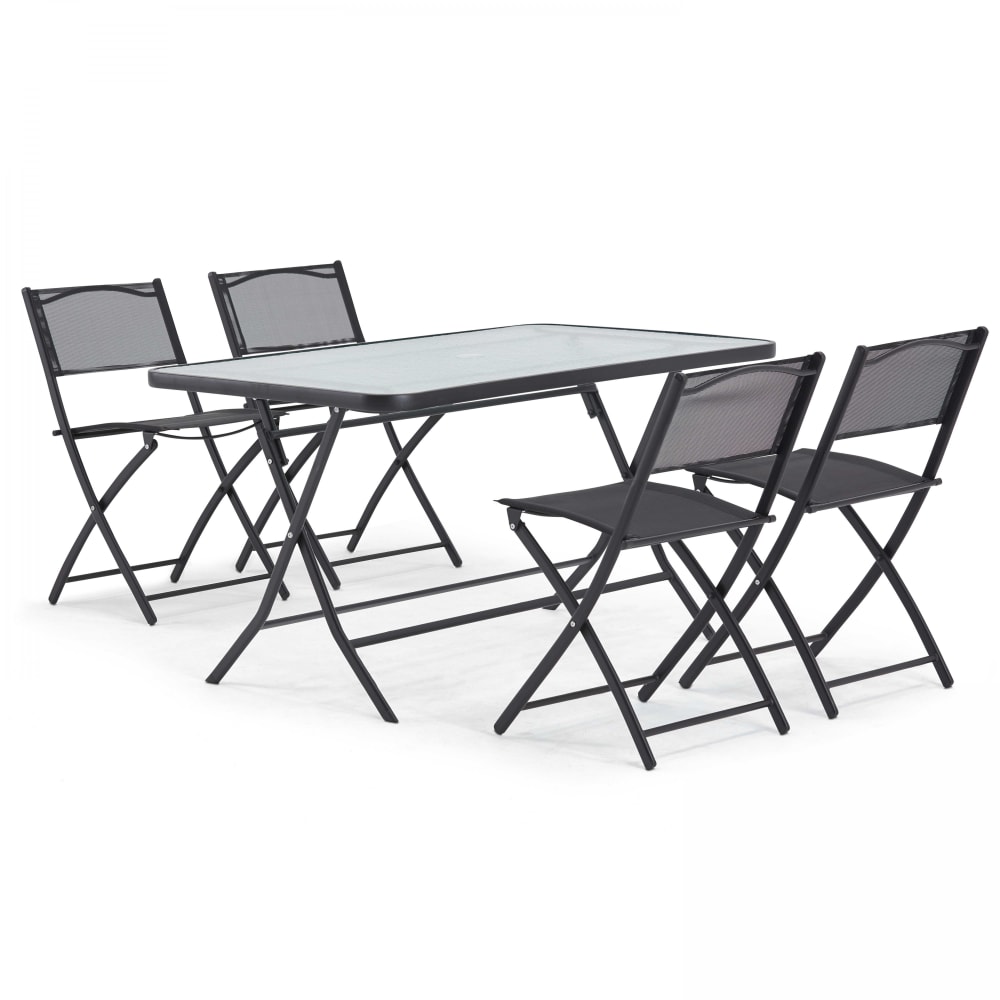 Mesa de jardín y 4 sillas plegables de acero y cristal calvi