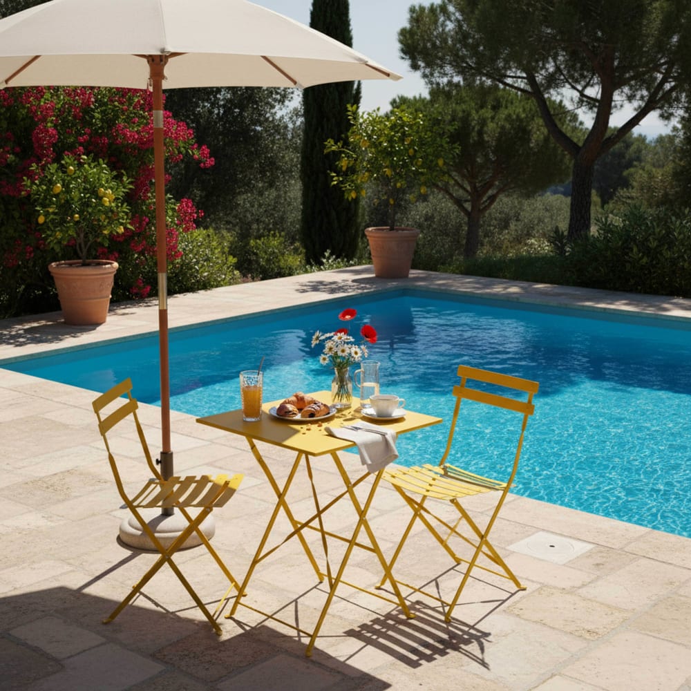 Table bistrot de jardin et 2 chaises pliantes jaune