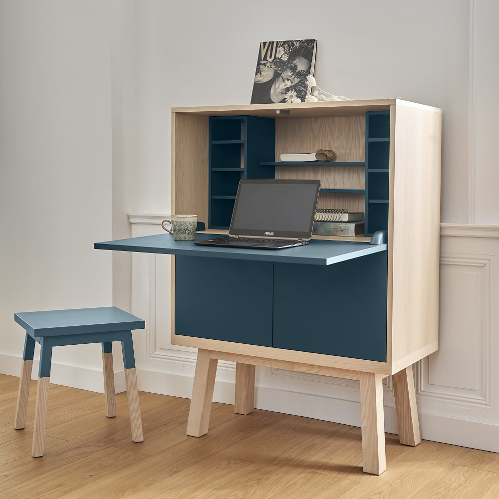Bureau secrétaire avec rangement de 90 cm de large, en frêne
