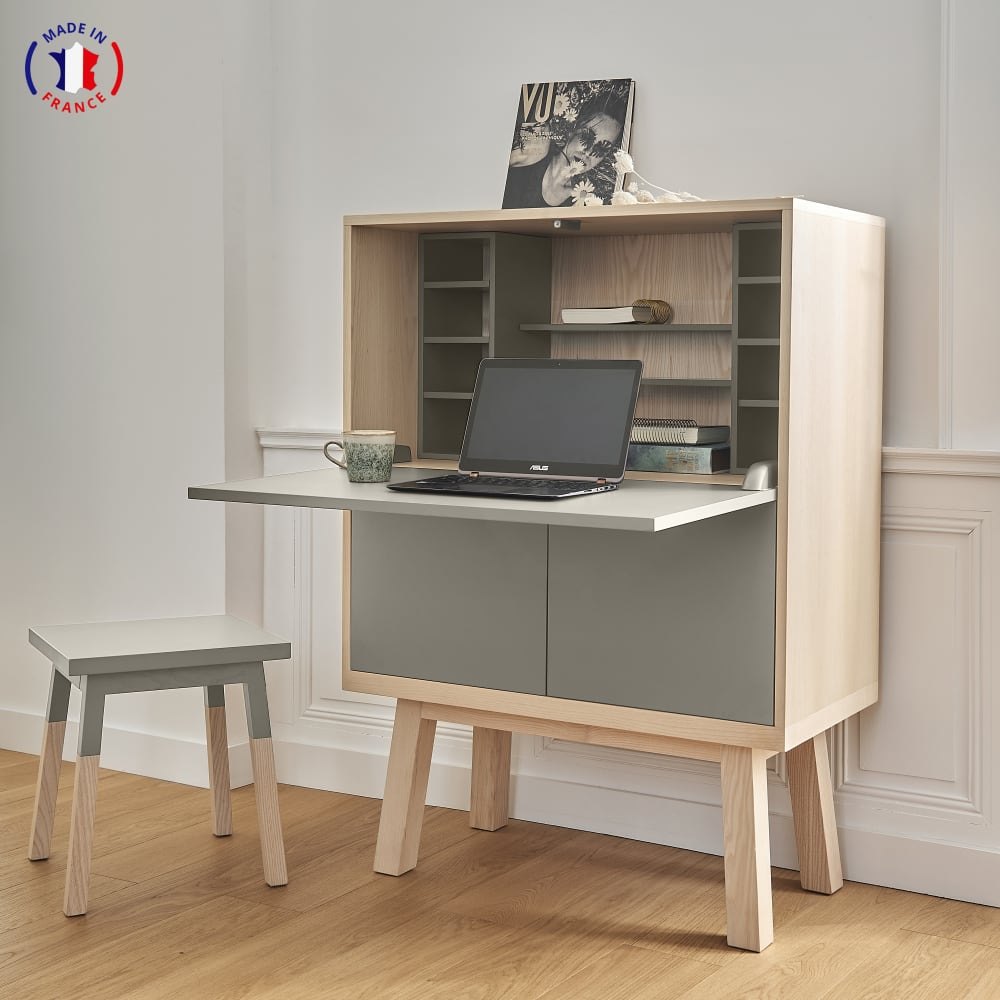 Bureau secrétaire avec rangement de 90 cm de large, en frêne
