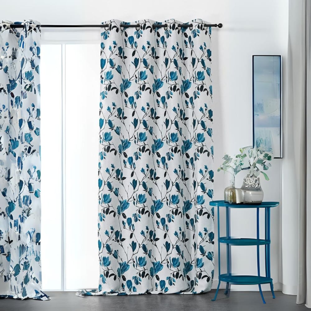 Rideau tamisant et imprimé magnolia polyester bleu marine 135x250 cm