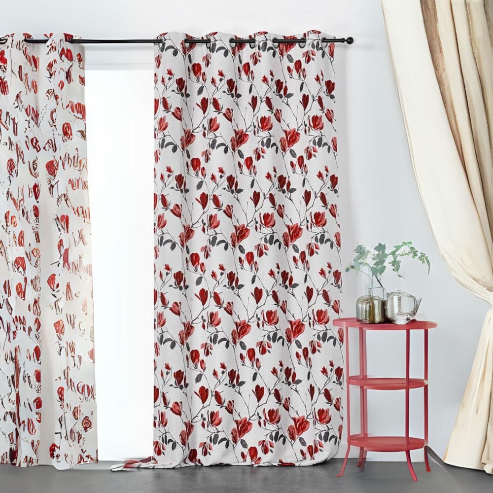 Rideau tamisant et imprimé magnolia polyester bordeaux 135x250 cm
