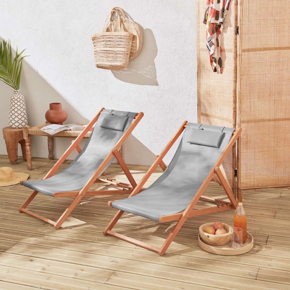 Lot de 2 transats en eucalyptus et textilène gris taupe