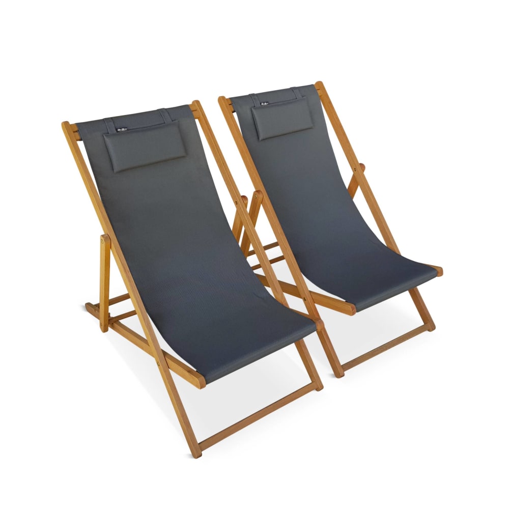 Set 2 sedie sdraio in legno con cuscino poggiatesta, antracite -