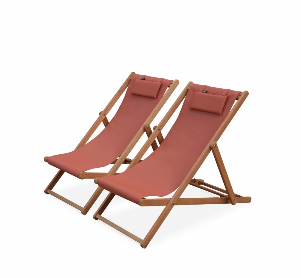 Set 2 sedie sdraio in legno con cuscino poggiatesta, terracotta -