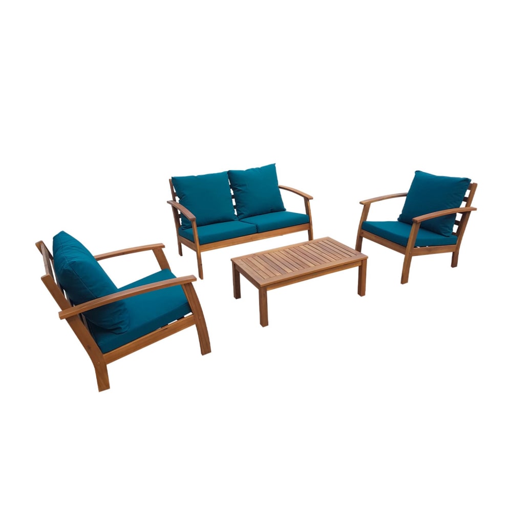 Salon de jardin en bois 4 places bleu canard