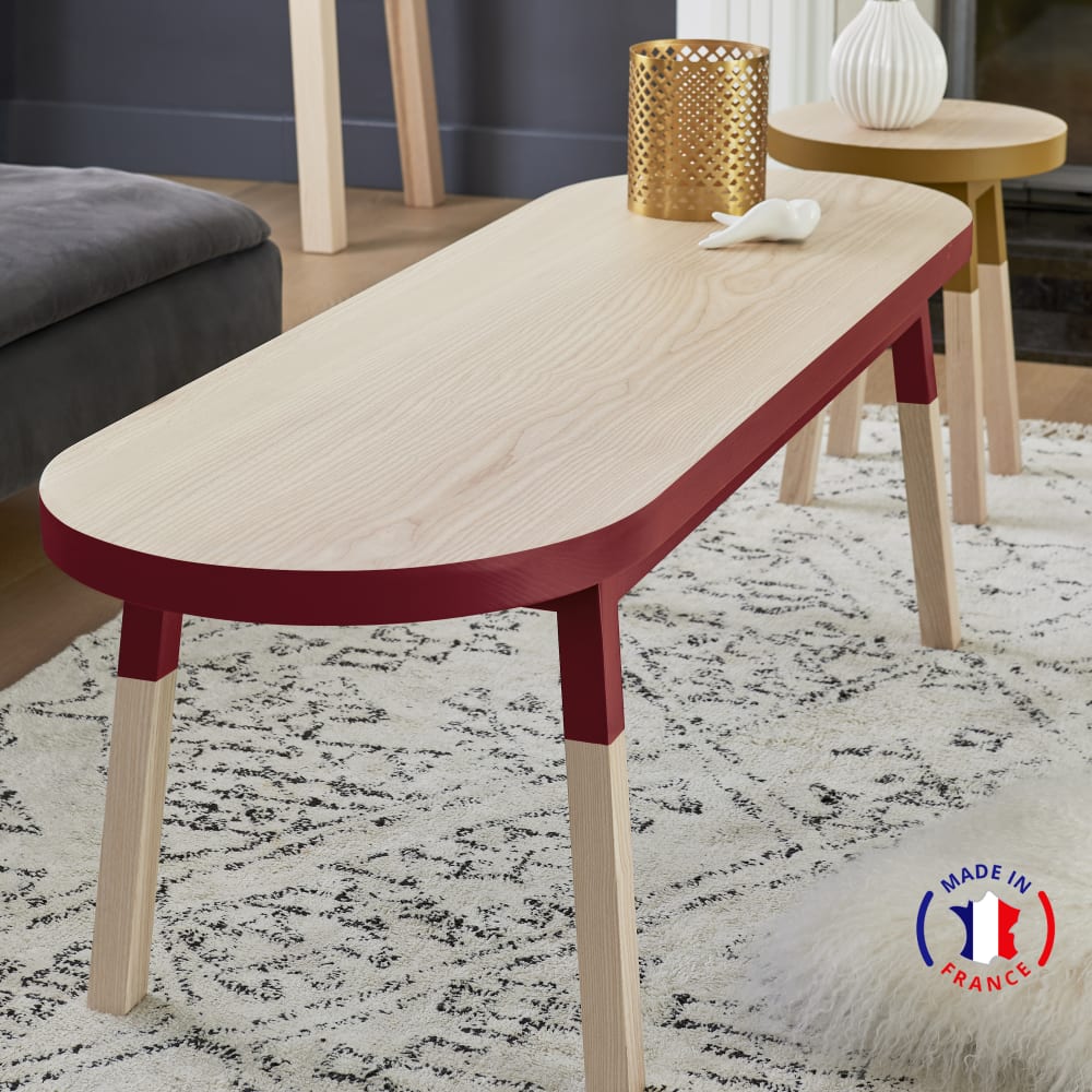 Table basse banc 140 cm, 100% frêne massif rouge de pluduno