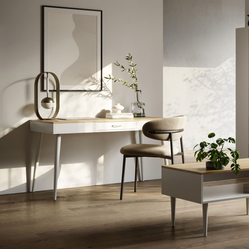 Bureau 1 tiroir effet bois blanc et chêne naturel