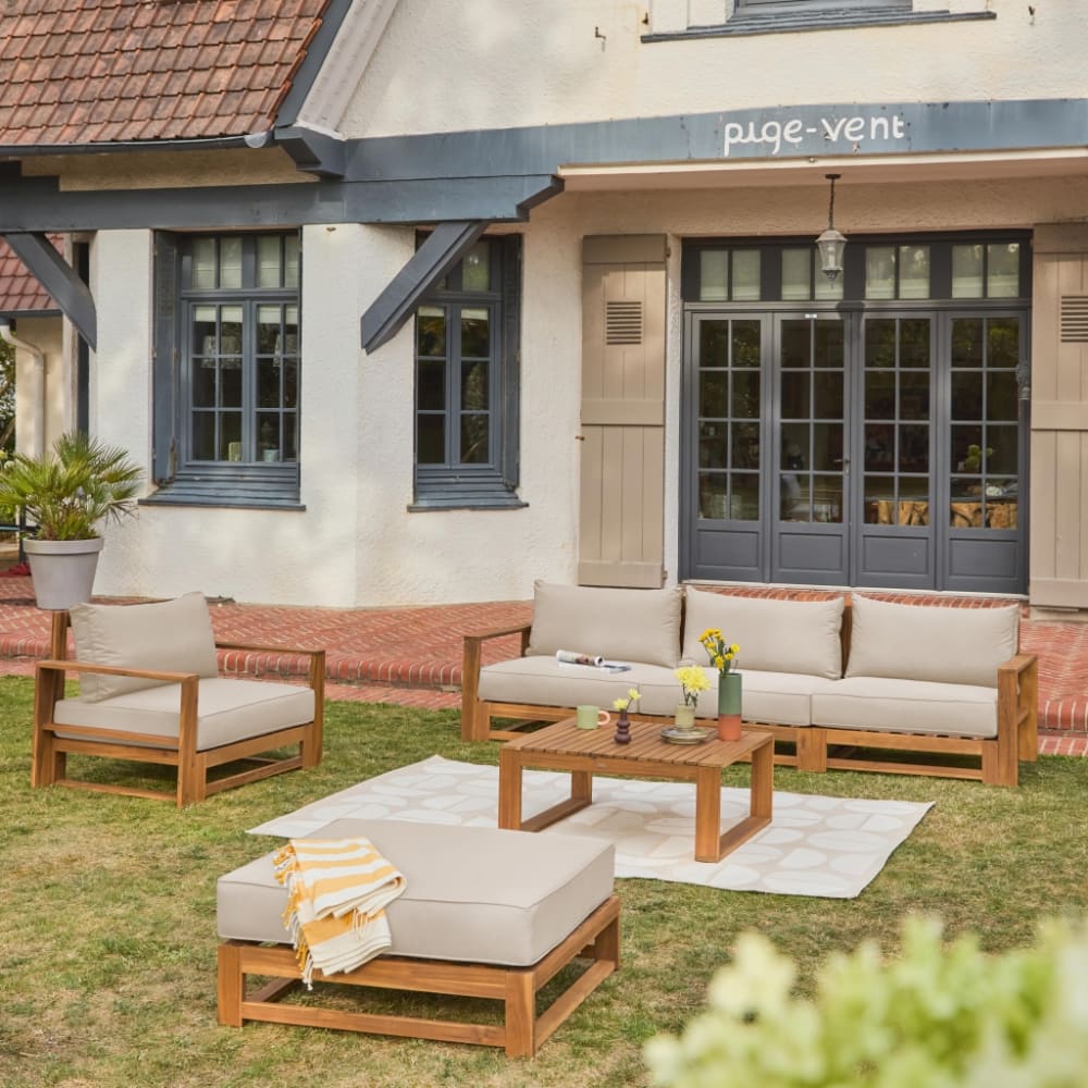 Salon de jardin en bois 5 places avec coussins beiges