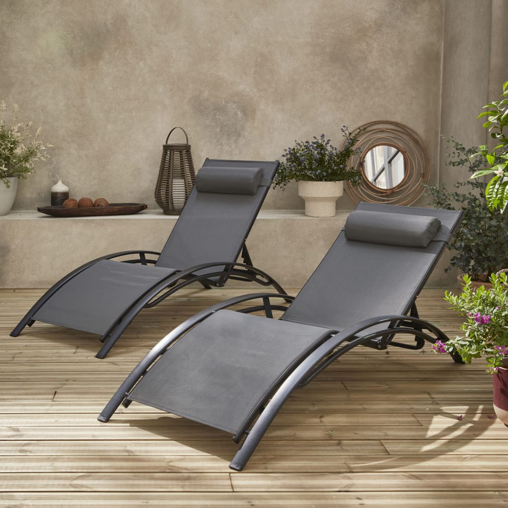 sweeek 2er Set Sonnenliegen aus Aluminium - anthrazit Grau Stoff