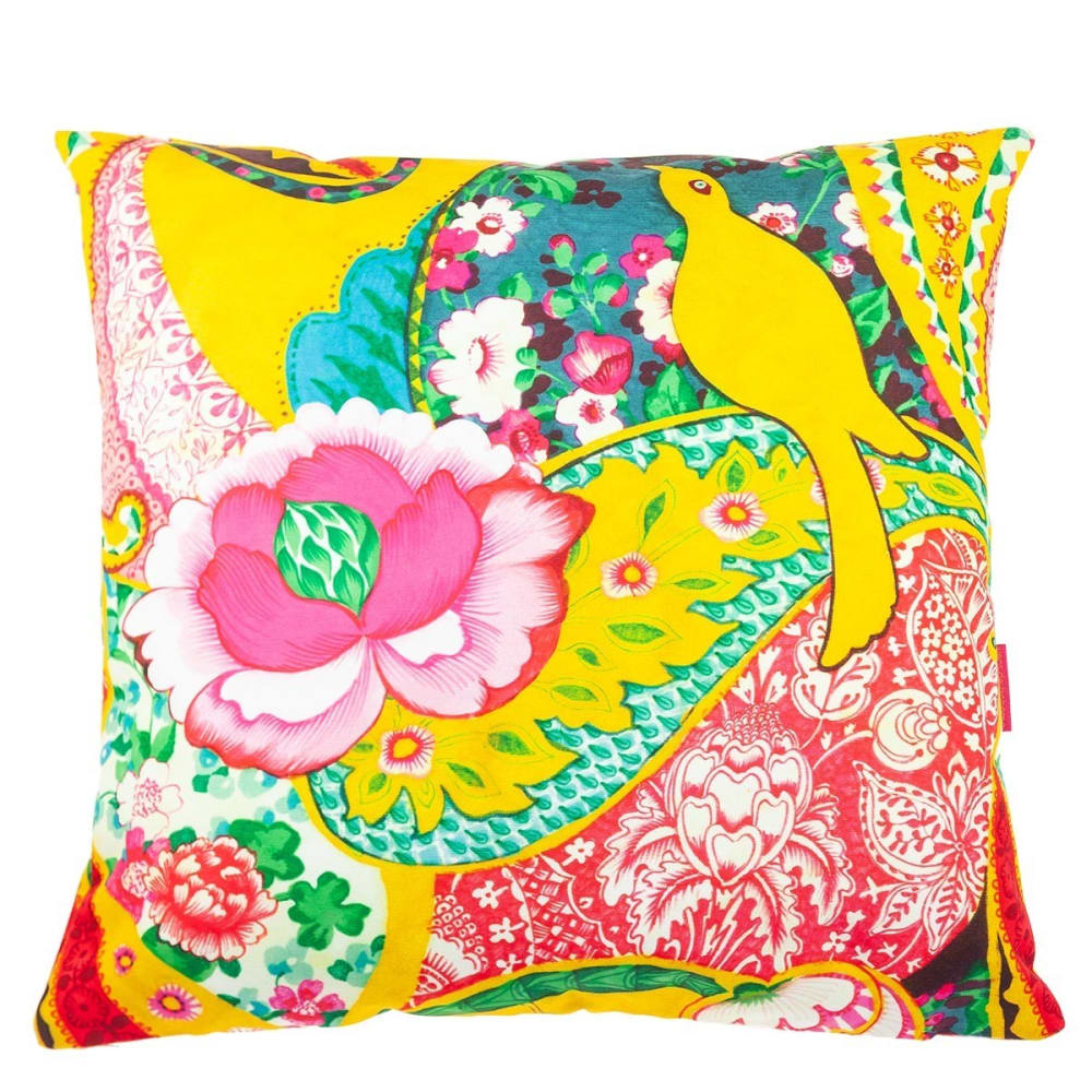 Housse de coussin extérieur 60x60 cm motif oiseau original jaune