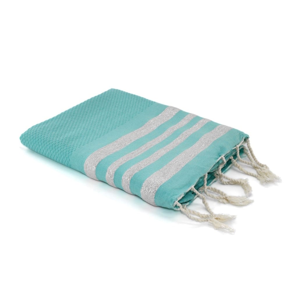 Fouta nid d'abeille coton 100x200 vert turquoise & argent
