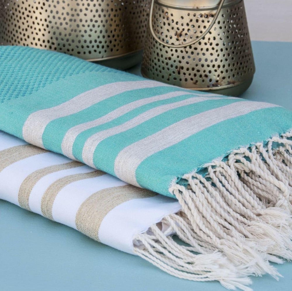 Fouta nid d'abeille coton 100x200 vert turquoise & argent - Maisons du Monde
