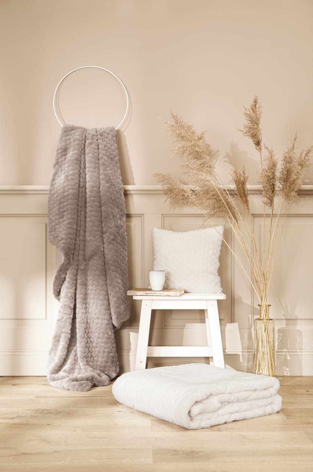 Plaid fausse fourrure  ivoire  avec doublure unie 200x150