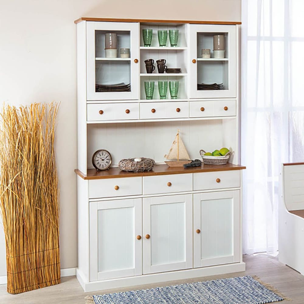 Vaisselier 5 portes 6 tiroirs en pin massif blanc