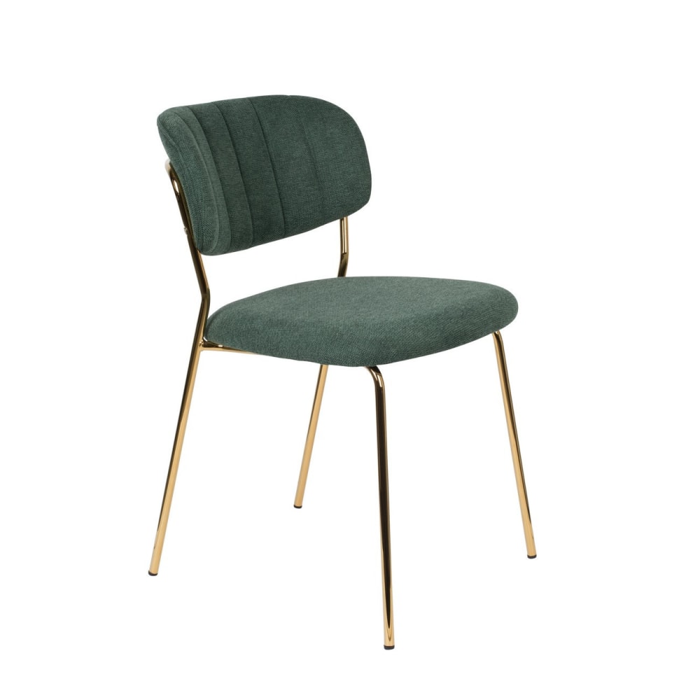 Silla de comedor de tela verde con patas doradas