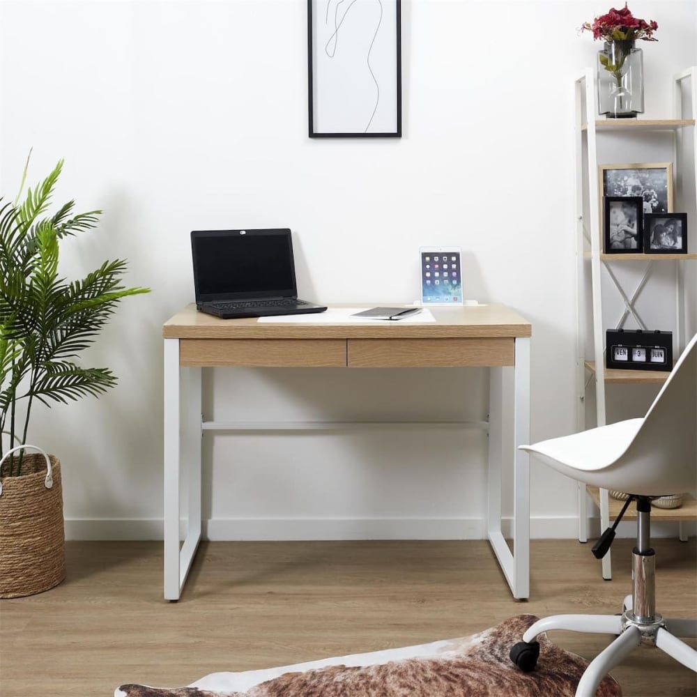 Bureau 2 tiroirs en bois et métal blanc - Maisons du Monde