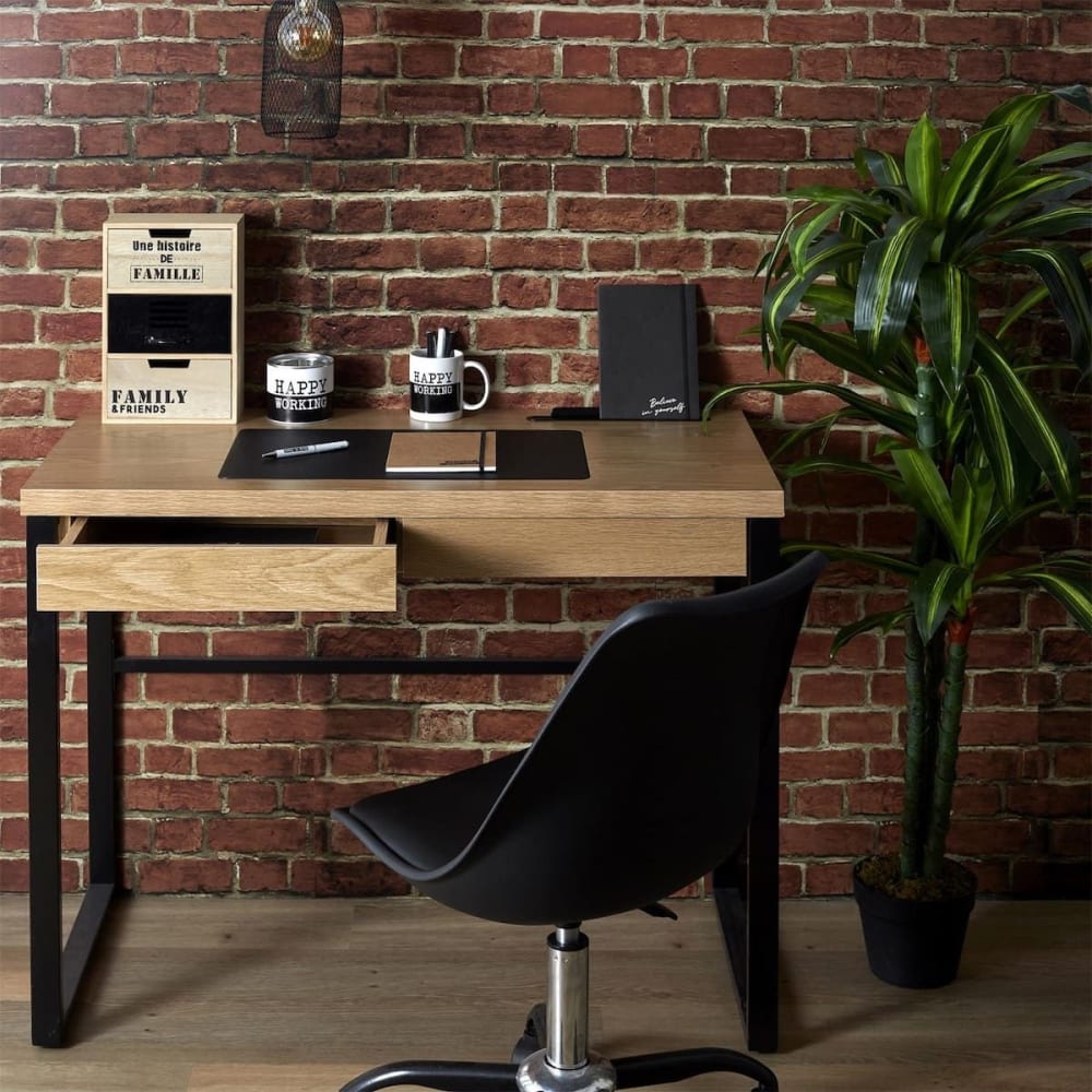 Bureau 2 tiroirs en bois et métal noir - Maisons du Monde
