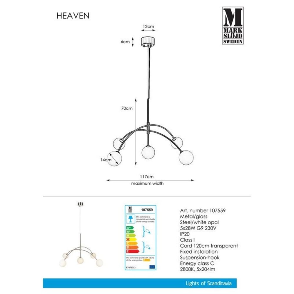 Suspension 5 lumières métal/verre opalin D117cm — vue 4