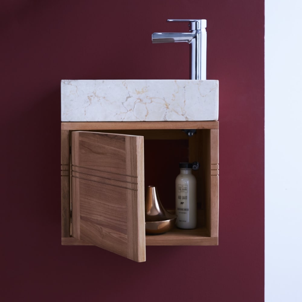 Badunterschrank aus massivem Teakholz und Marmor creme - Maisons